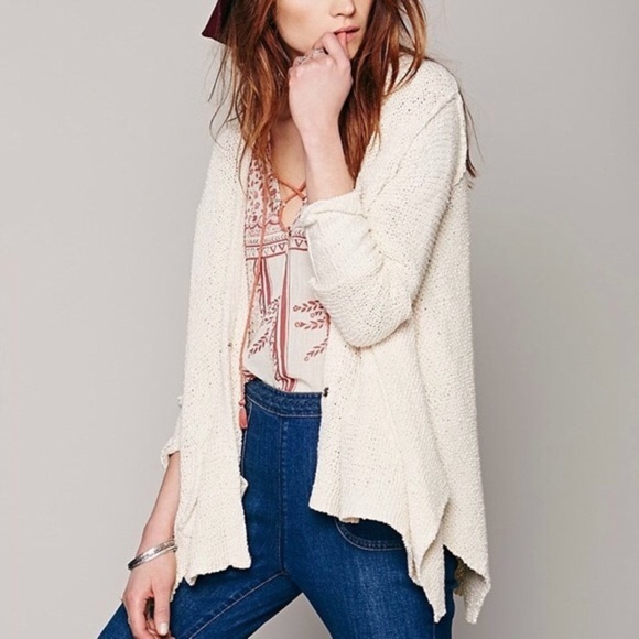 Free People Sharkbite Hem Cardigan Woman XS Ivory Cream Color Pockets Snap Front - Picture 1 of 13